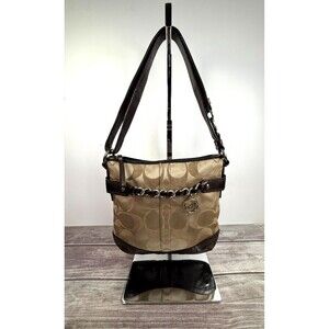 COACH F19730 Signature Chain Brown Beige Convertible Crossbody‎ Shoulder bag